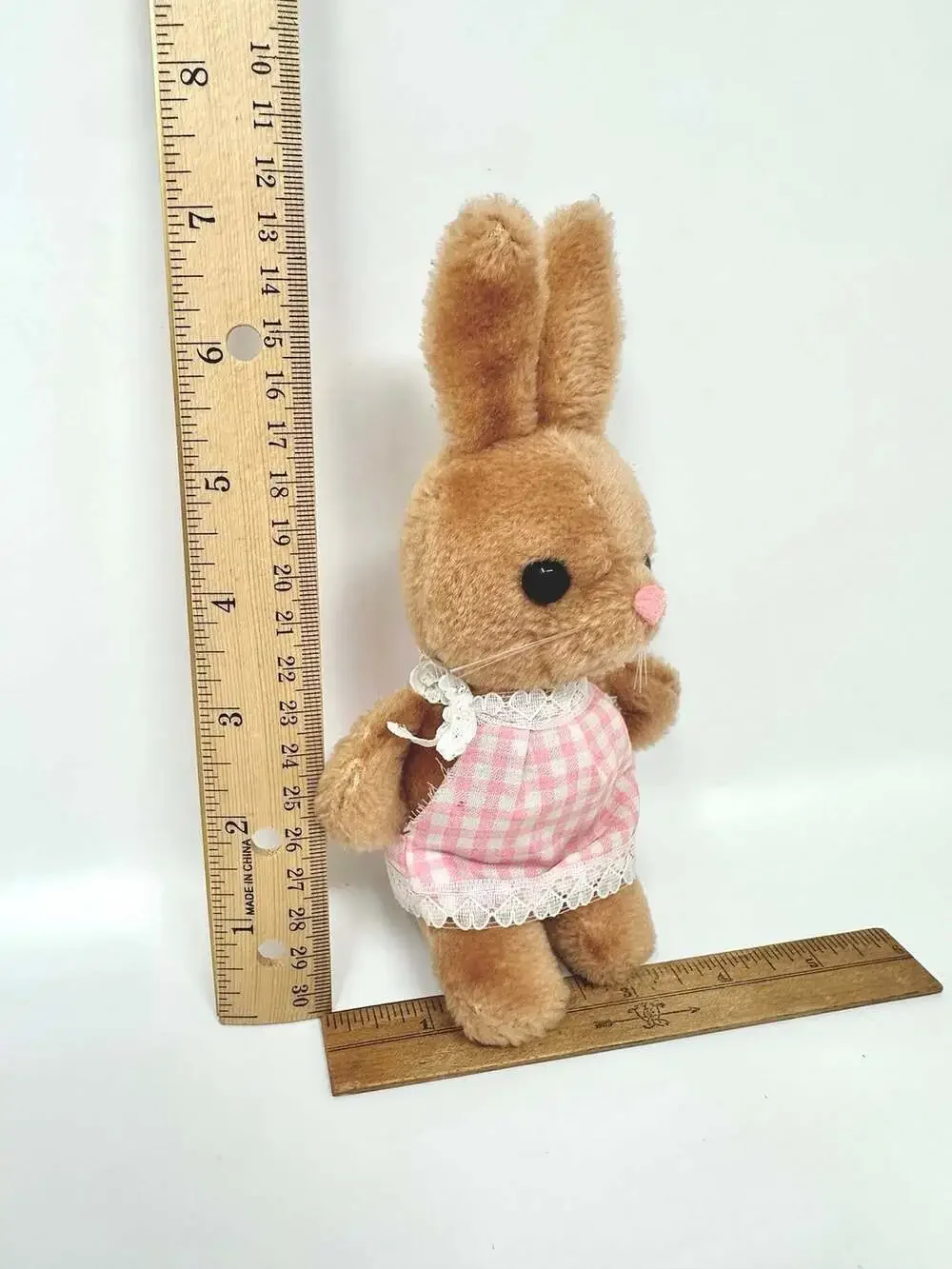 Vintage Bunny Rabbit Plush Toy by Dakin 1979 Stuffed Animal Pink Gingham Dress